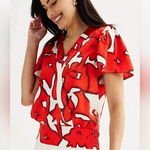 Nine West Satin Red and White Floral Blouse